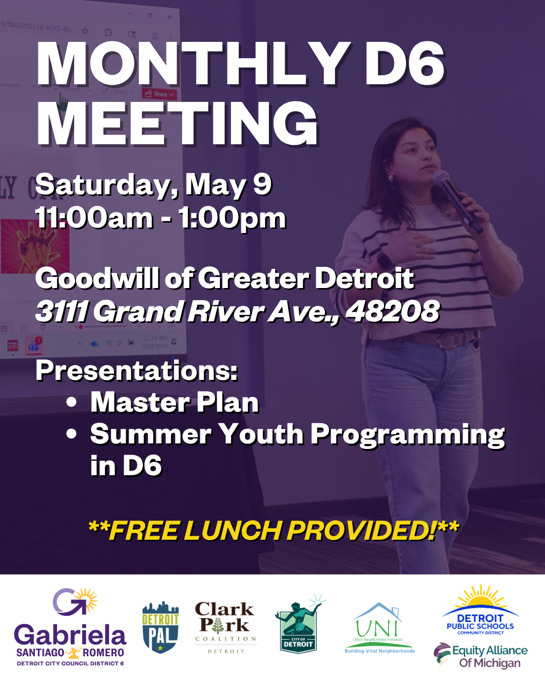 Council Member Santiago-Romero's May Monthly D6 Meeting flyer