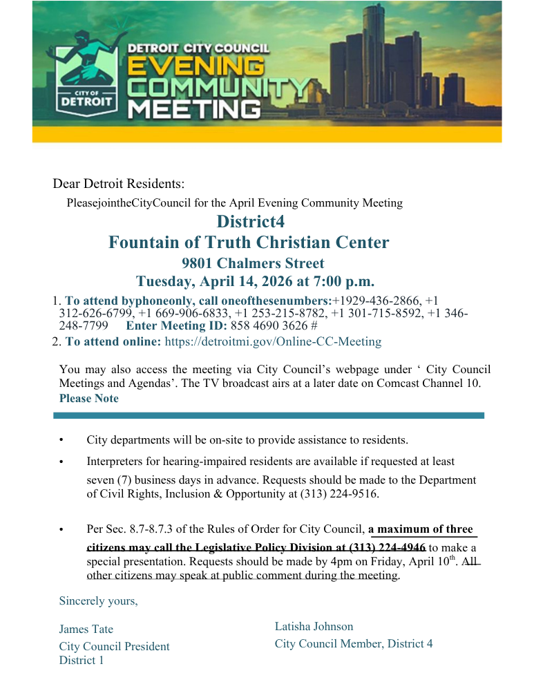 Flier with silhouette of Detroit at the top with meeting info text below