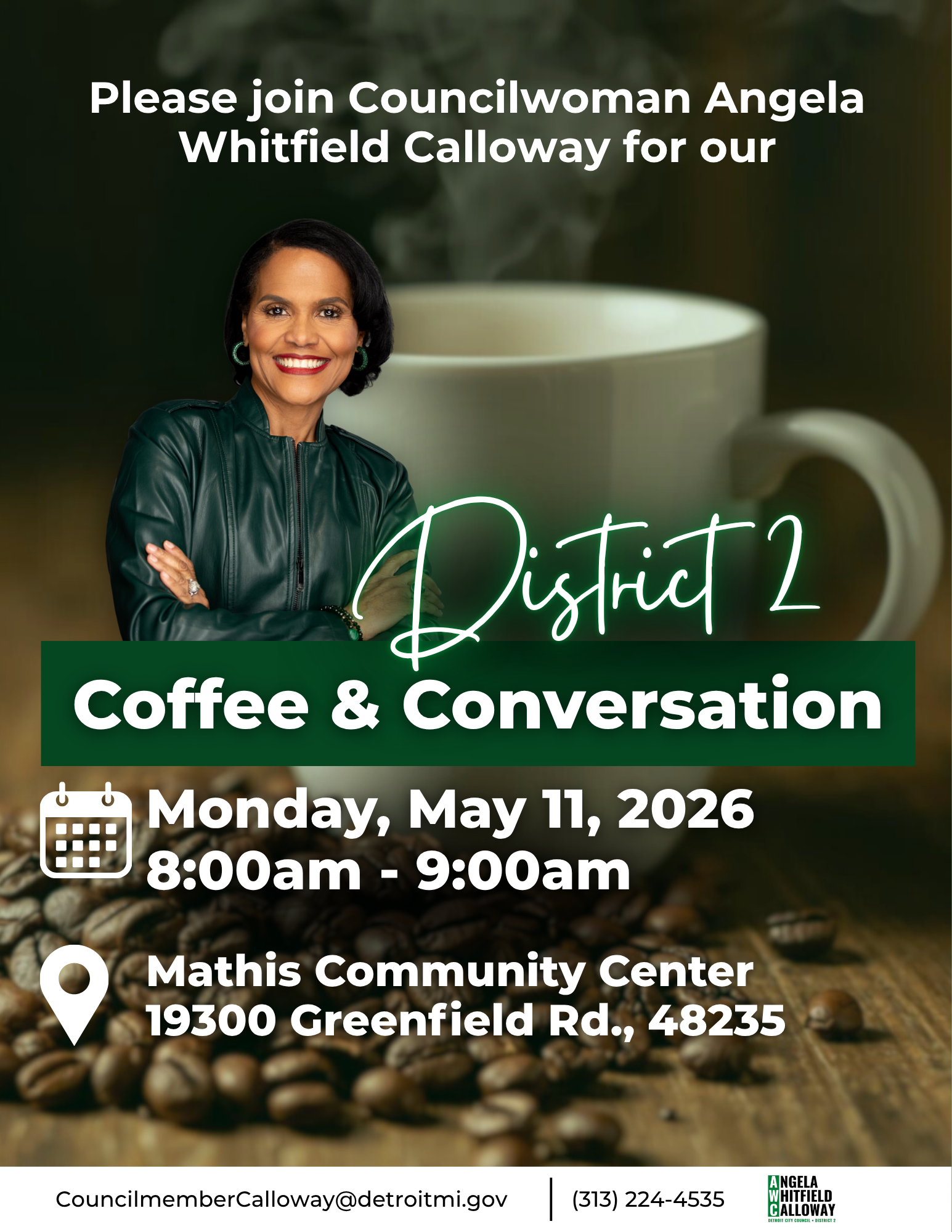 Cup of hot coffee; District 2 Coffee &amp; Conversation with City Council at Mathis Center on 5/11/26 from 8-9am