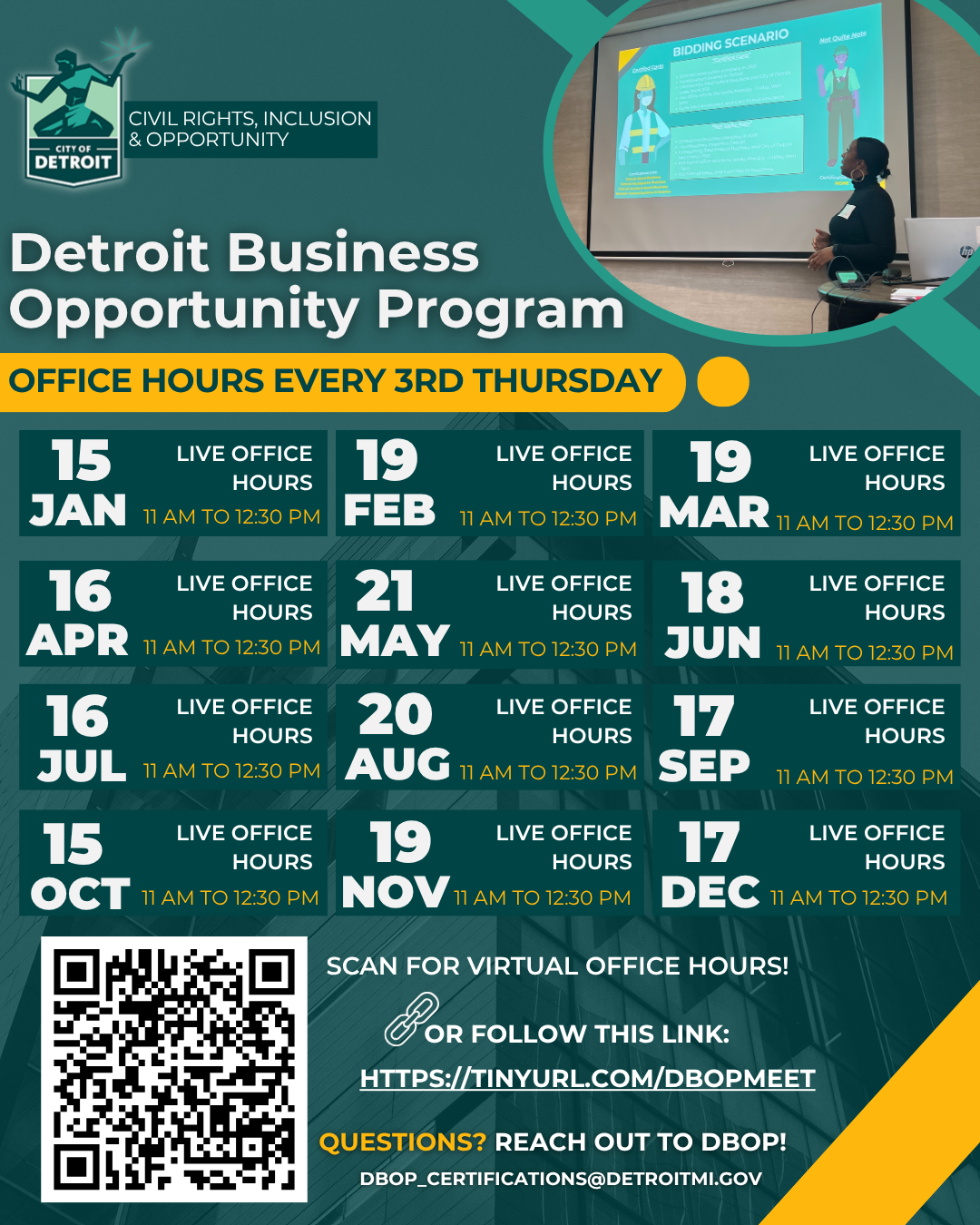 This flyer shows a list of dates for the year where the Detroit Business Opportunity Program will be holding live office hours. It is a dark blue background with yellow accents and a photo of a woman with black hair in the top right corner. 