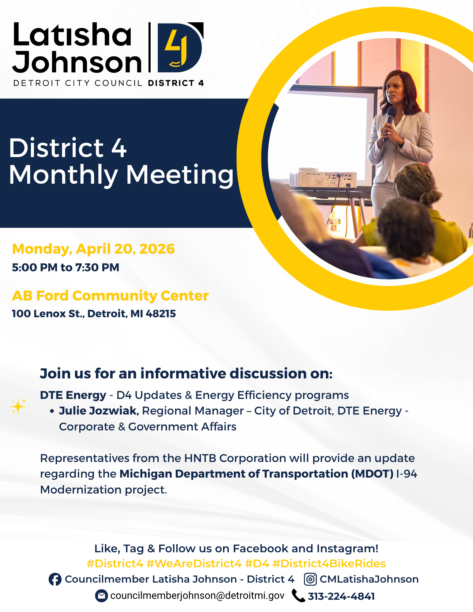 Councilwoman Johnson standing in front of a room for a monthly meeting with March meeting information below