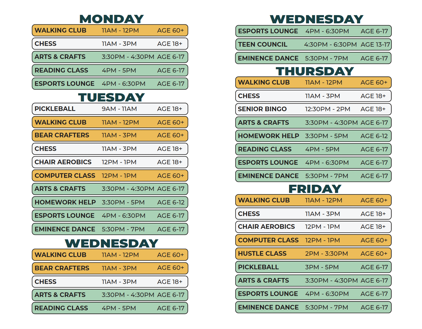 Butzel Family Center - Spring 2026 Schedule (Monday - Friday)