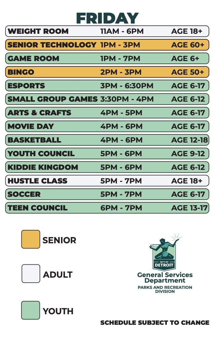 Clemente Recreation Center Spring 2026 - Friday schedule