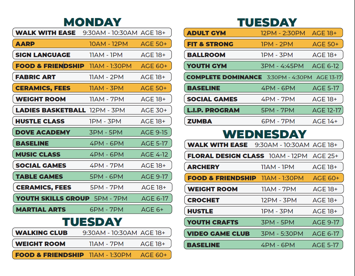Monday Tuesday and Wednesday schedule Farwell