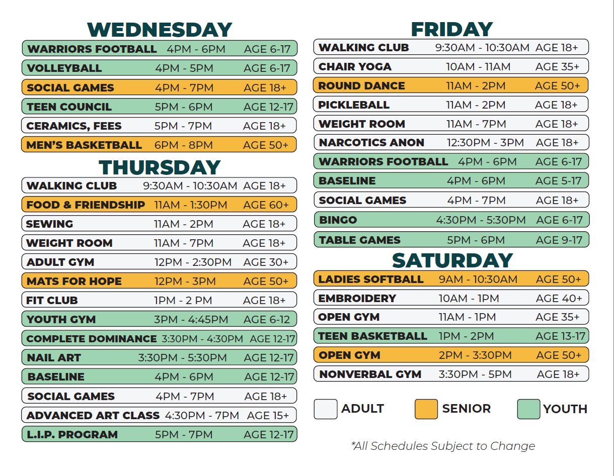 Farwell Wednesday,T hursday, Friday, saturday schedule
