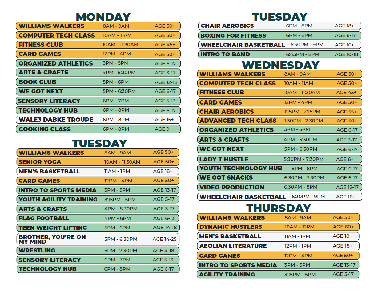 Monday-Thursday williams schedule