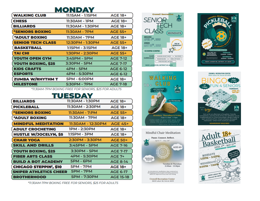 Monday and Tuesday schedule for Crowell