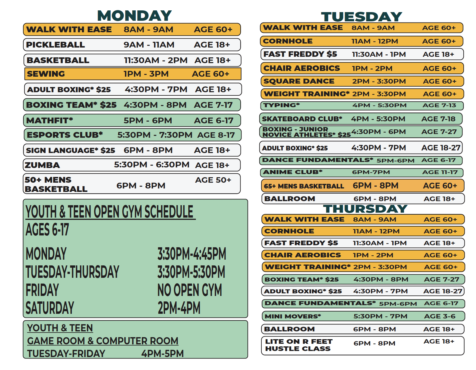 Adams Butzel Complex Spring 2026 Schedule (Monday/Tues/Thurs)