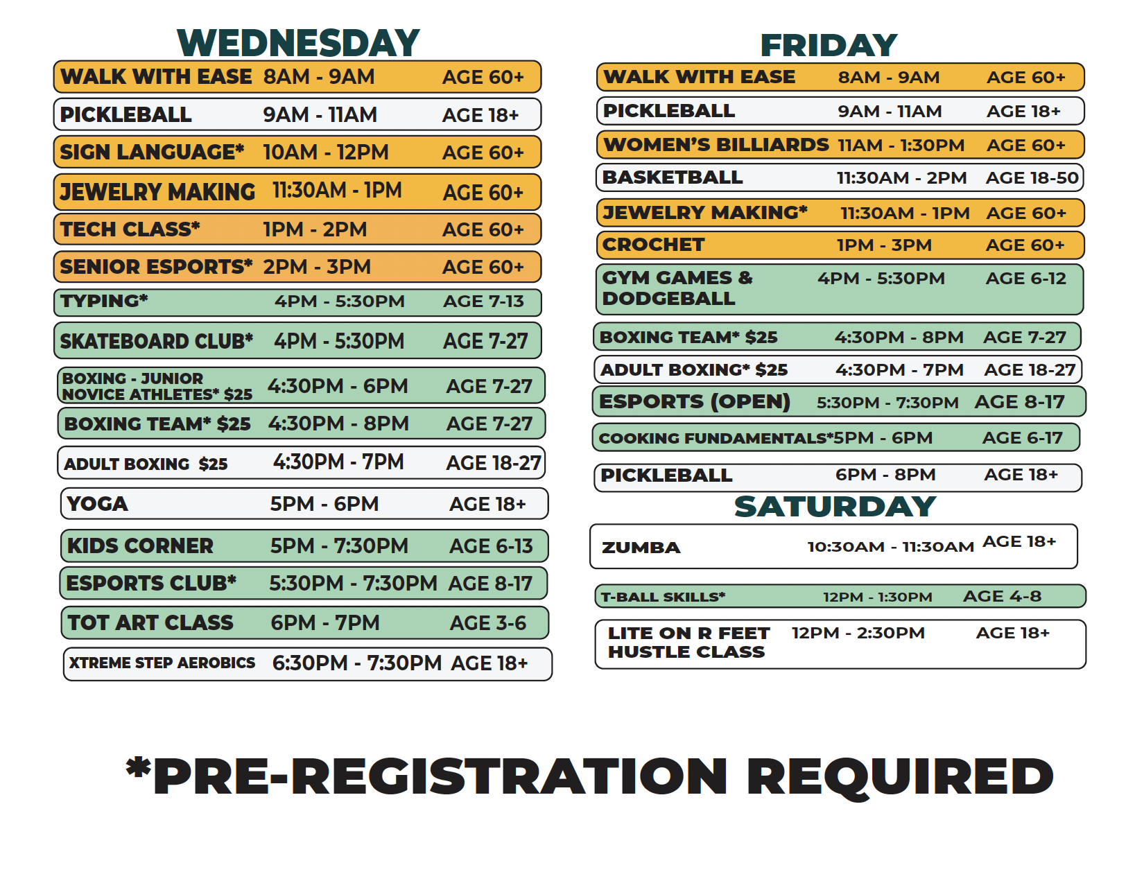 Adams Butzel Complex Spring 2026 Schedule (Wed/Fri/Sat)