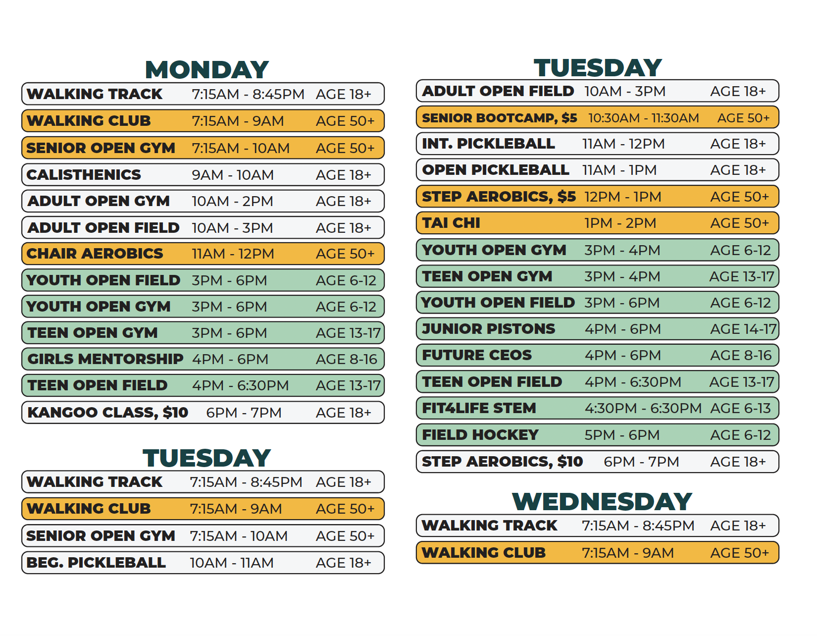 Chandler Park Fieldhouse Spring 2026 Schedule (Mon/Tues/Wed)