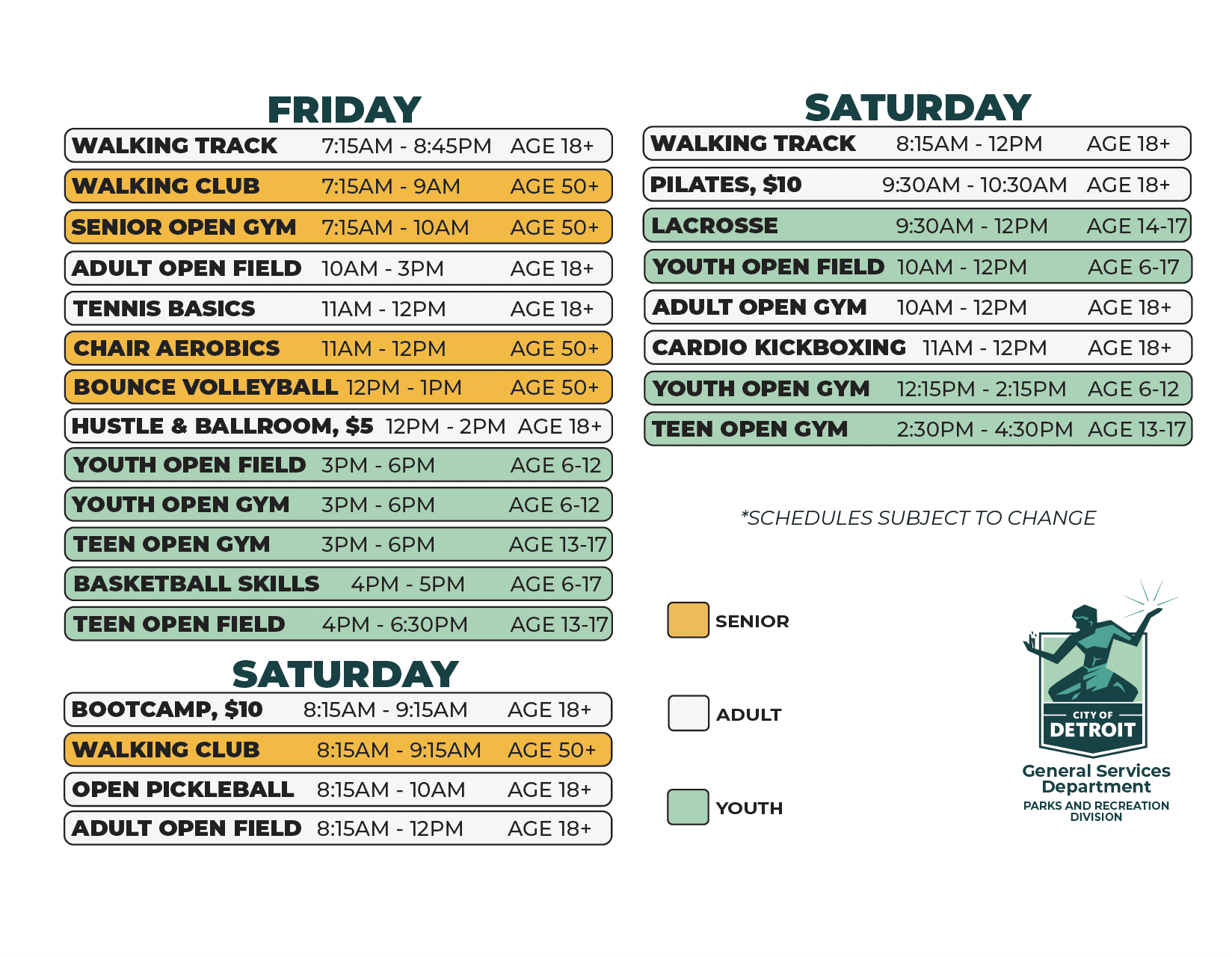 Chandler Park Fieldhouse Spring 2026 Schedule (Fri/Sat)