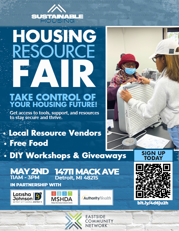 Housing fair flier with a woman helping another woman with a home air filter