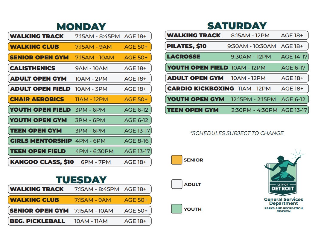 Monday and Tuesday Wednesday schedule for Chandler