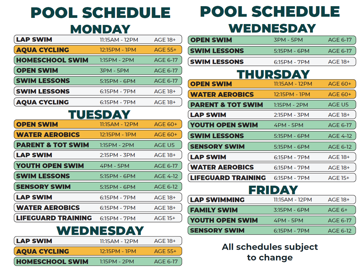 Monday and Friday schedule for Williams spring