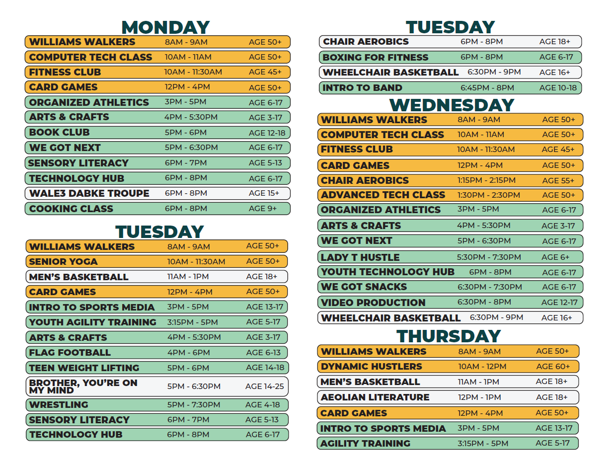 Monday-Thursday schedule for Williams spring