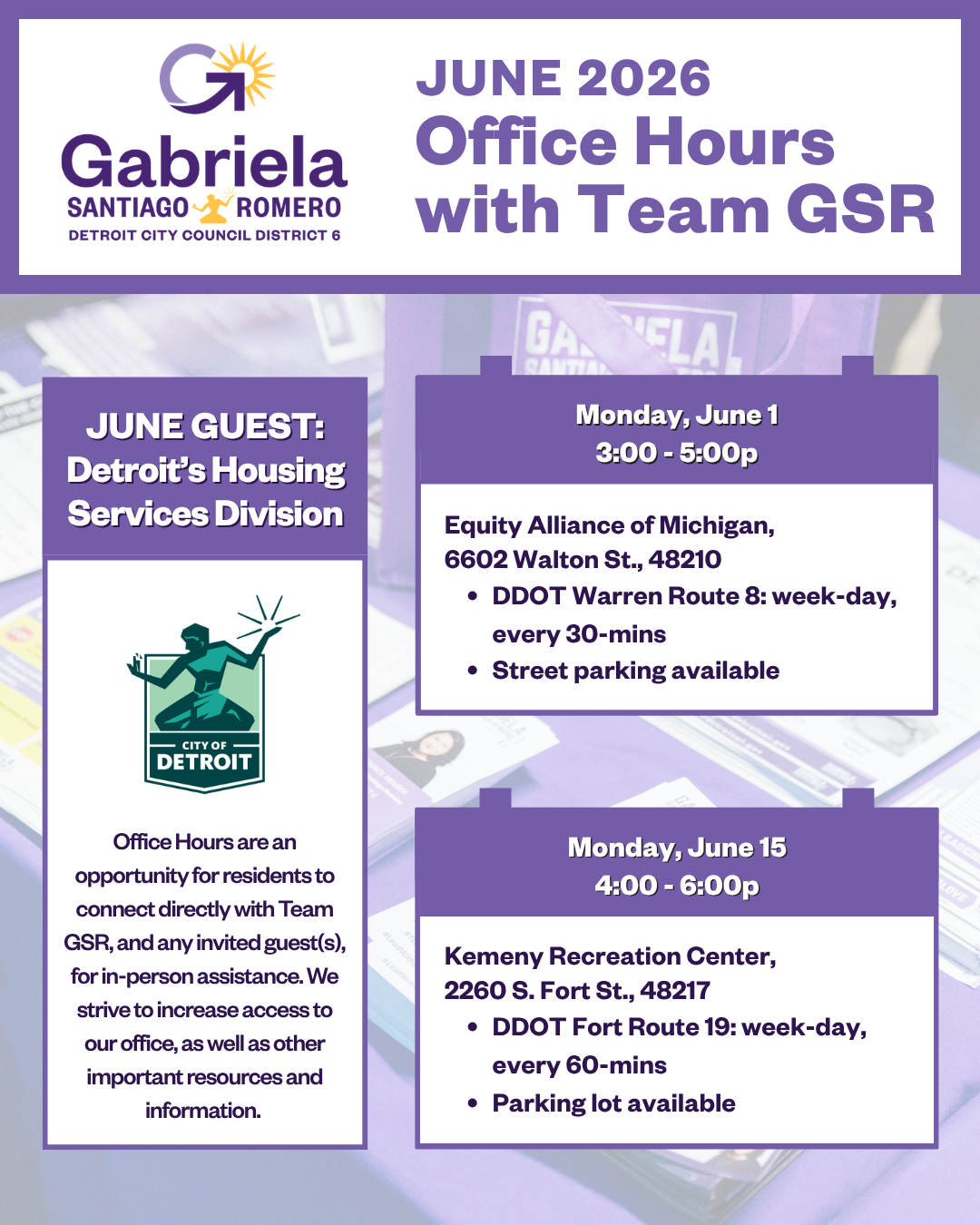 June 2026 Office Hours flyer for the Office of Council Member Santiago-Romero