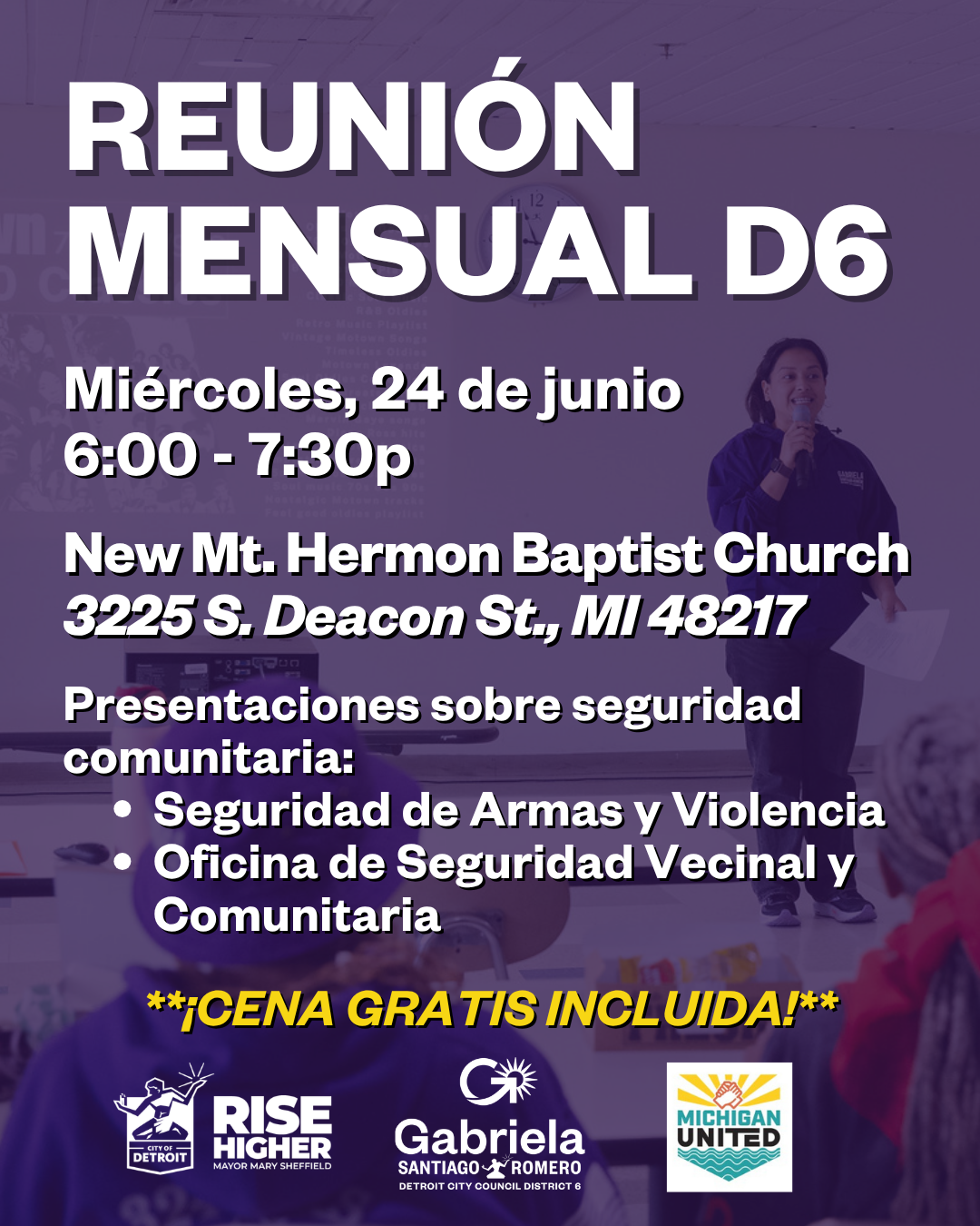 June Monthly Meeting Flyer for Council Member Santiago-Romero in Spanish