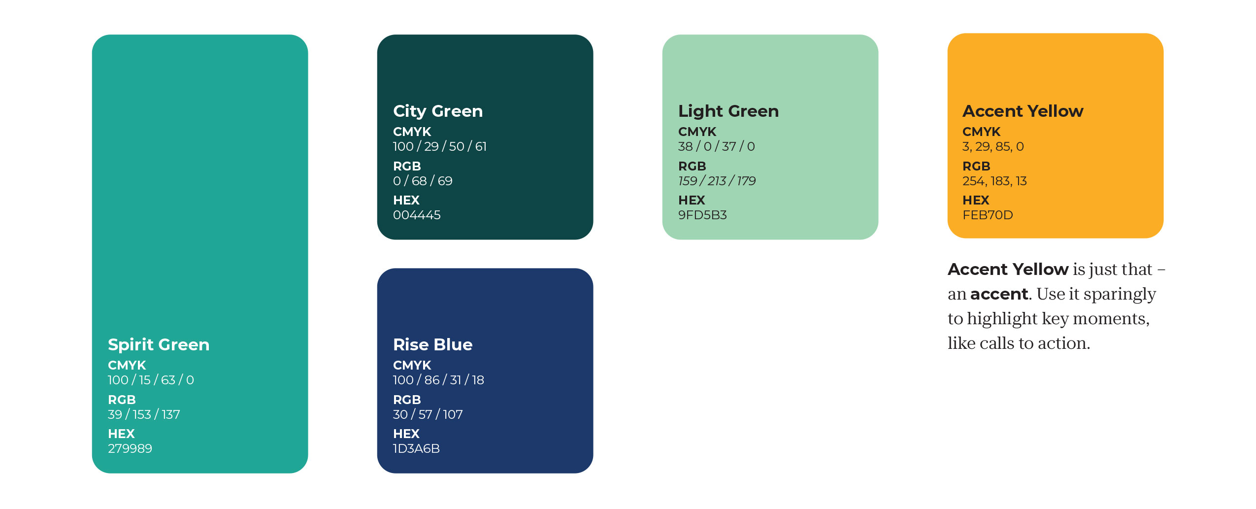 Detroit Color Guidelines: Spirit Green (hex 279989), City Green (hex 004445), light green (hex 9fd5b3), accent yellow (hex feb70d), rise blue (hex 1d3a6b)