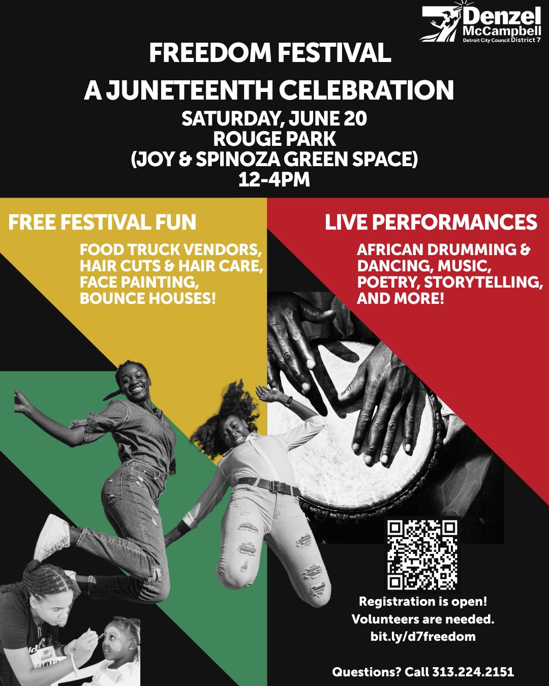 Event flyer with Black background. Red, green, and yellow accent. Images of a person face-painting a young children, people jumping for joy, and the hands and drum of a drummer. 