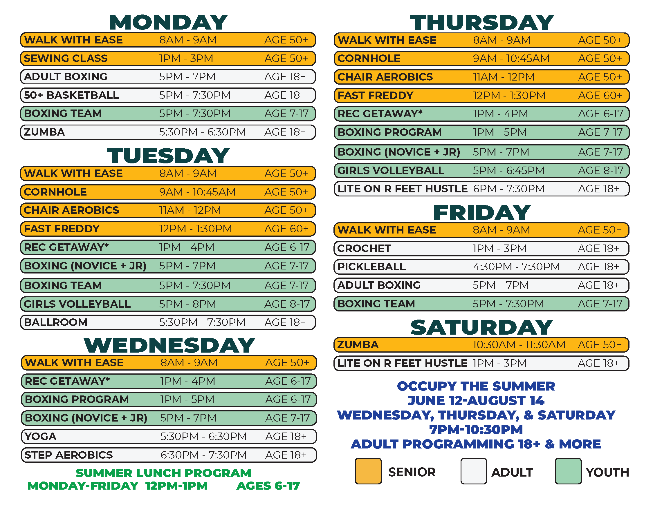 Adams Butzel Complex Summer 2026 Dry Land Schedule