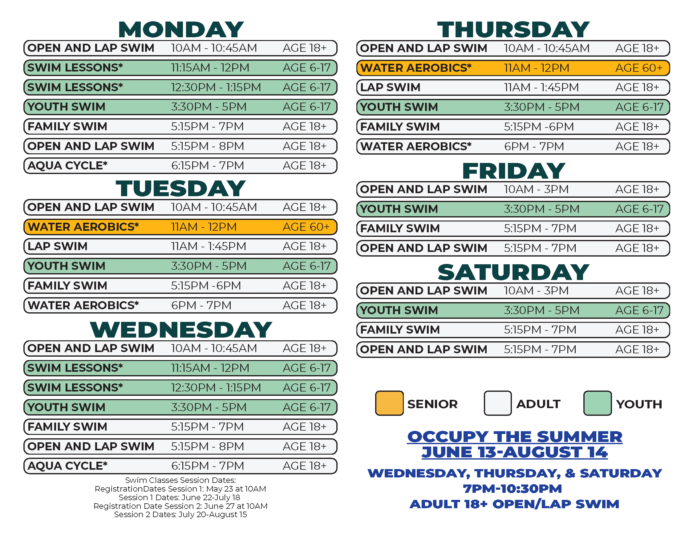 Adams Butzel Complex Summer 2026 Swim Schedule