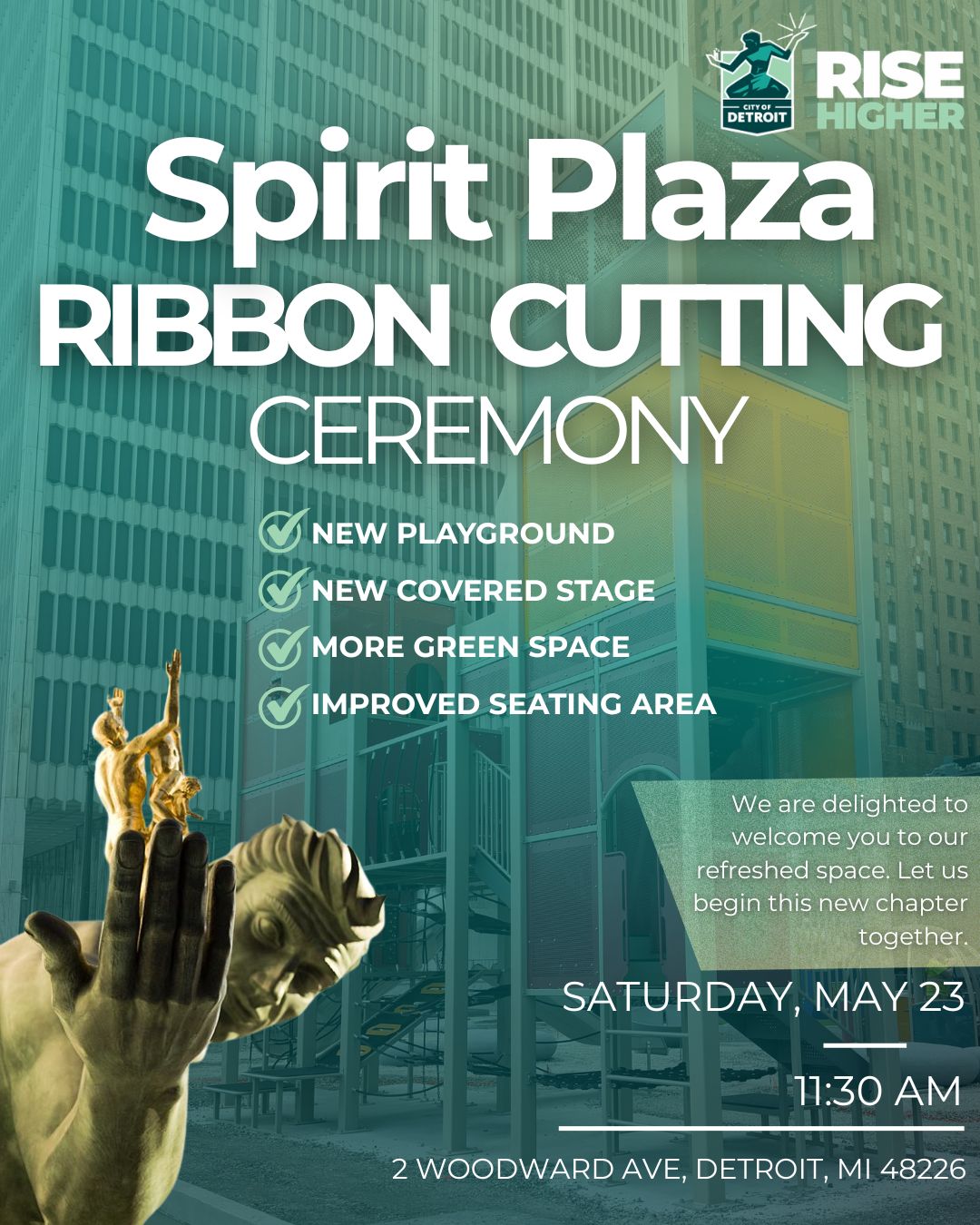 Spirit Plaza Grand Opening Flyer with information about the ribbon cutting.