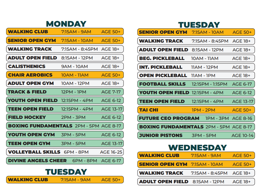 The Monday, Tuesday, and Wednesday Summer 2026 Schedule for Chandler Park Fieldhouse
