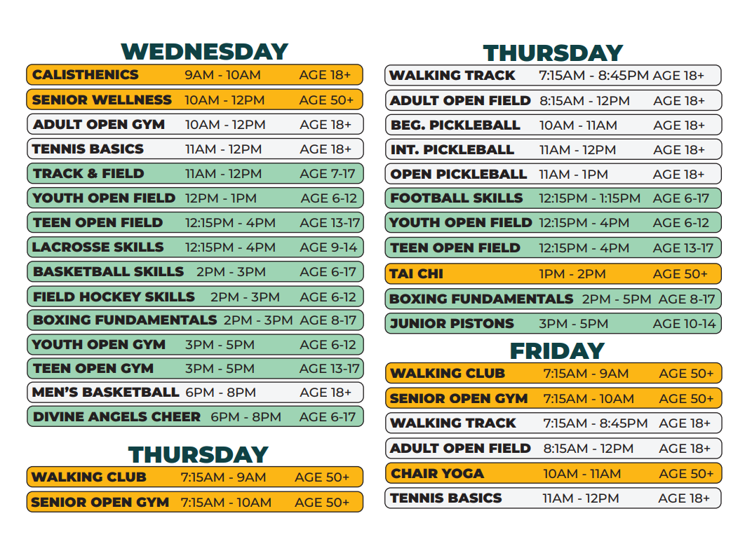 The Wednesday, Thursday, and Friday Summer 2026 Schedule for Chandler Park Fieldhouse