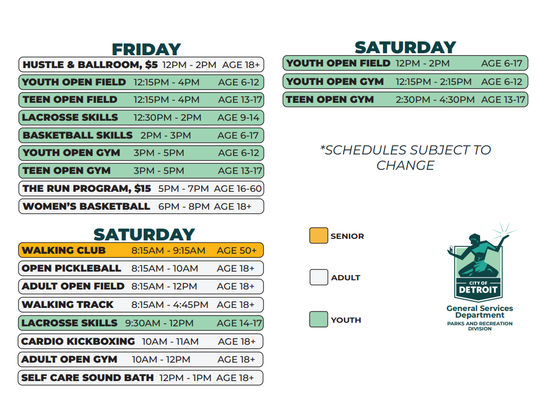 The Friday and Saturday Summer 2026 Schedule for Chandler Park Fieldhouse