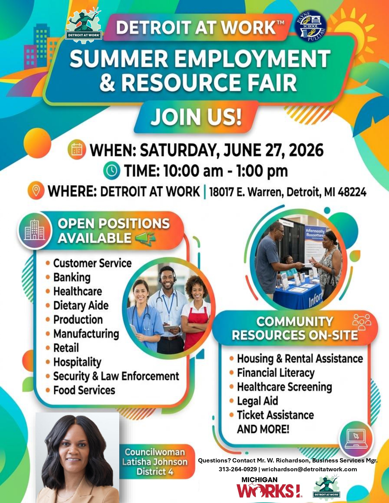 Colorful flier with text and pictures of people posing for a job fair