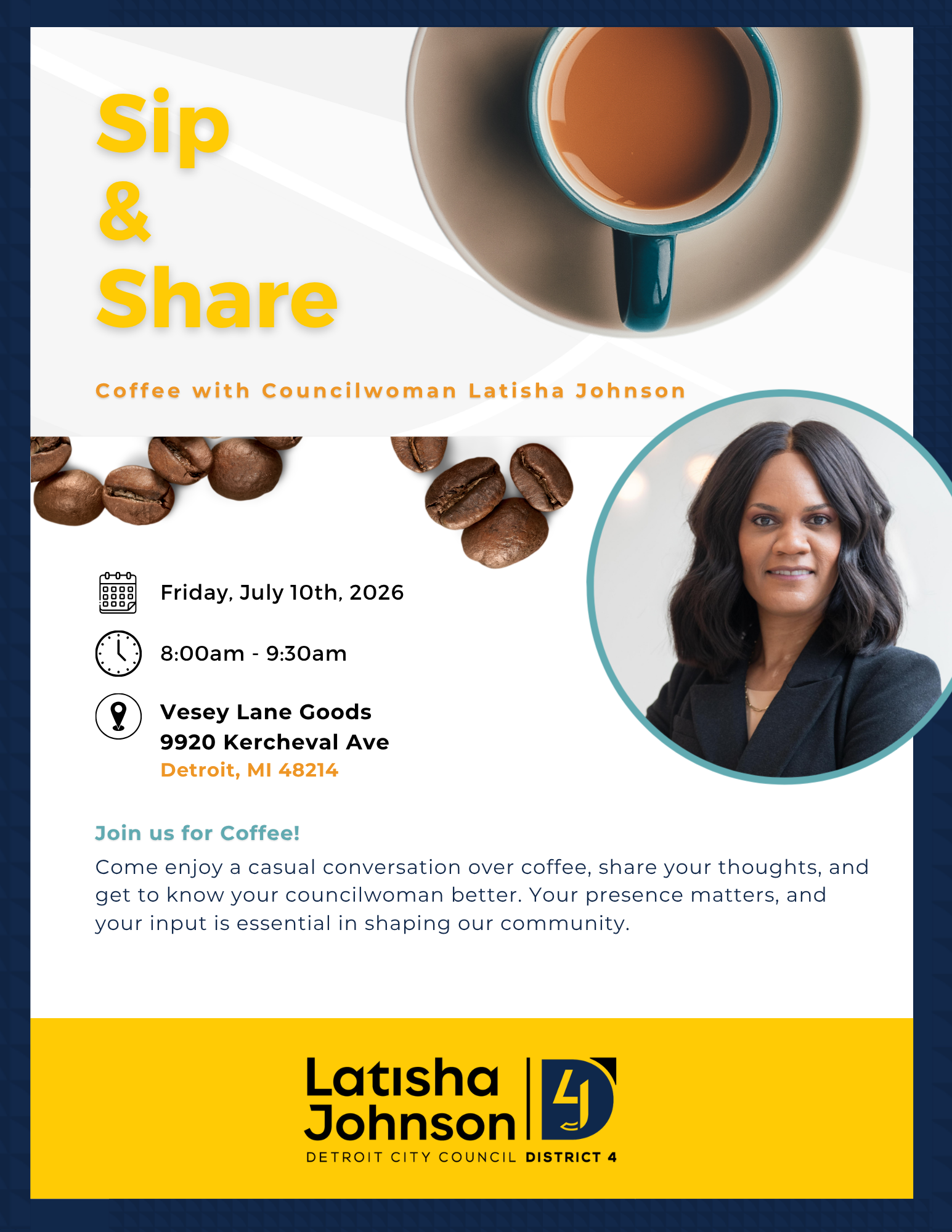 Headshot of councilwoman johnson with text and a cup of coffee and coffee beans on the page