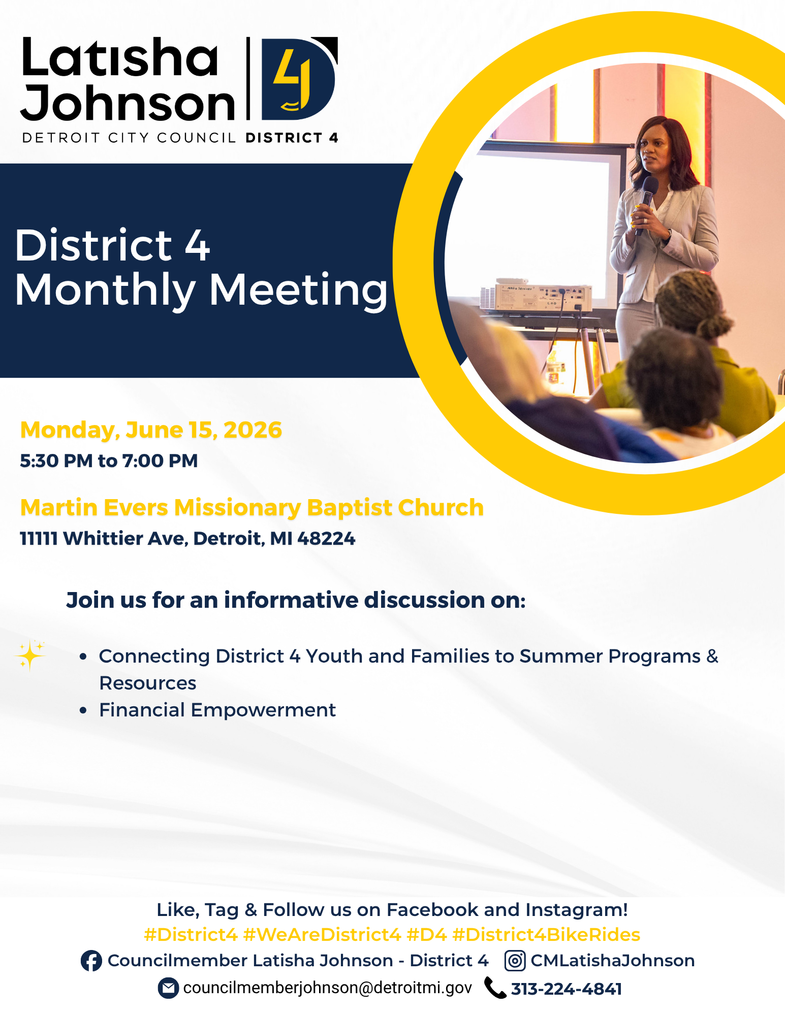Councilwoman Johnson standing in front of a room for a monthly meeting with June meeting information below