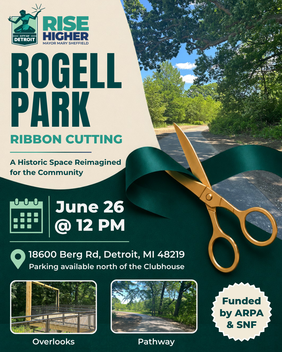 Rogell Park Ribbon Cutting 2026 flyer showcasing information for the ceremony taking place June 26th @ 12 PM
