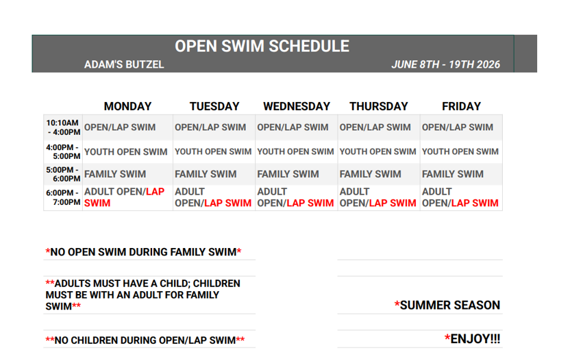 ABC Open Swim Schedule 2026 Summer