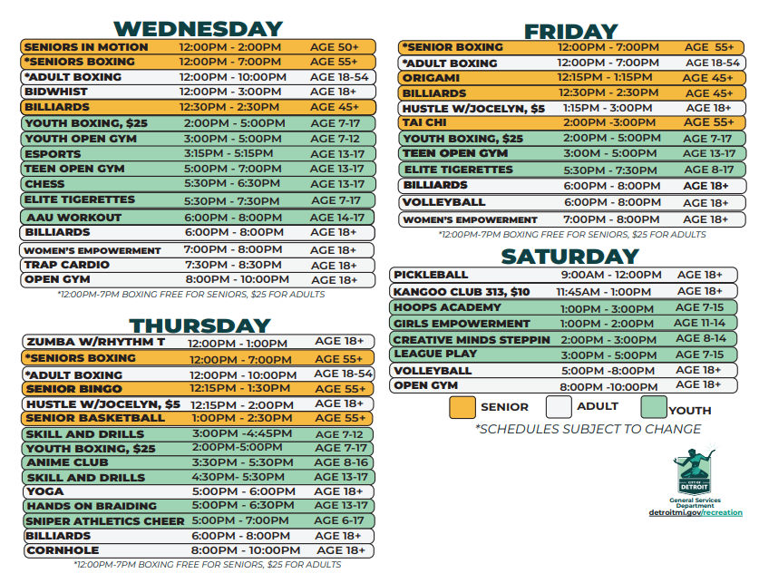 Wednesday, Thursday, Friday and Saturday schedule for Crowell Recreation Center