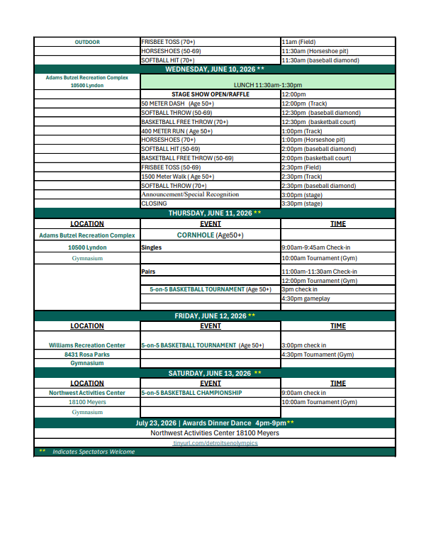 Detroit Senior Olympics Schedule of Events (Wednesday - Saturday)