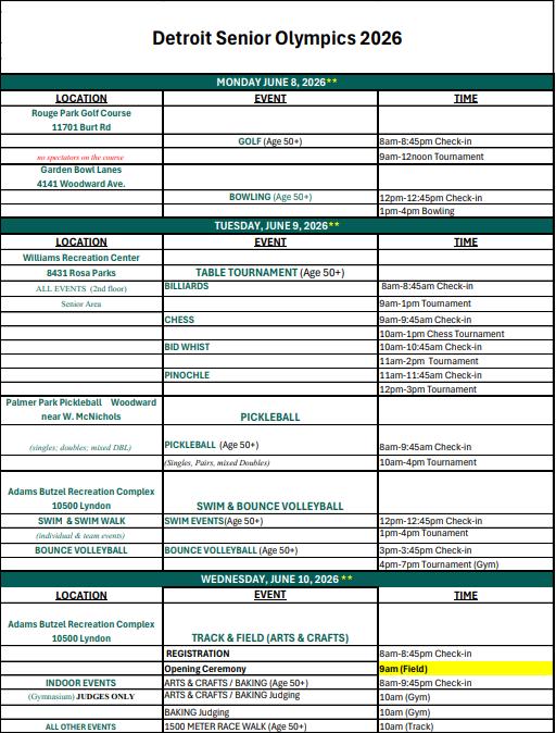 Detroit Senior Olympics Schedule of Events (Monday - Wednesday)