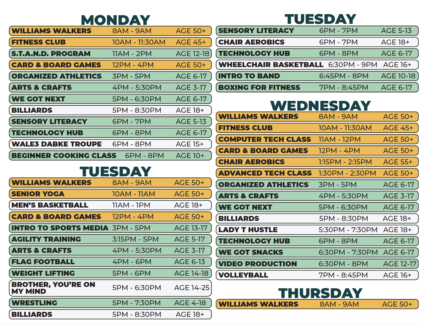 The Monday - Thursday schedule for Williams Recreation Center