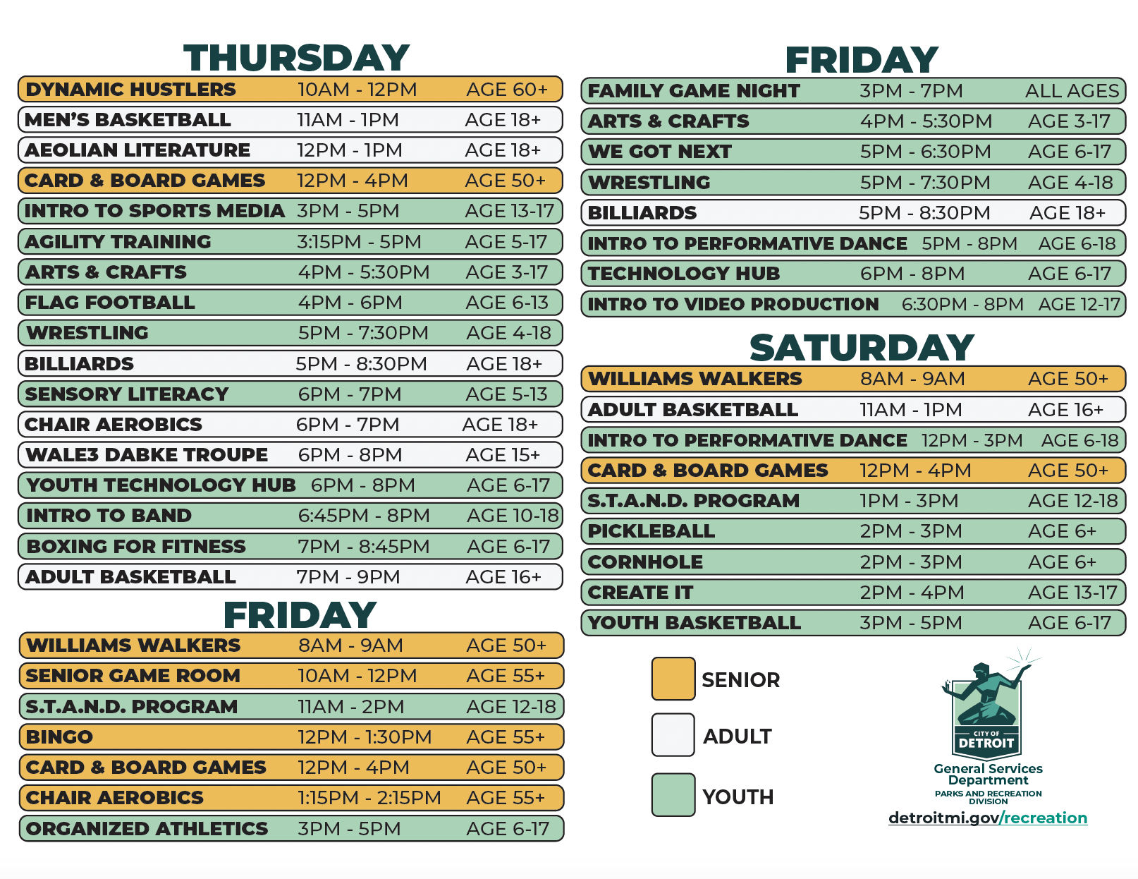 Williams Recreation Center Summer 2026 Schedule (Thurs - Sat)