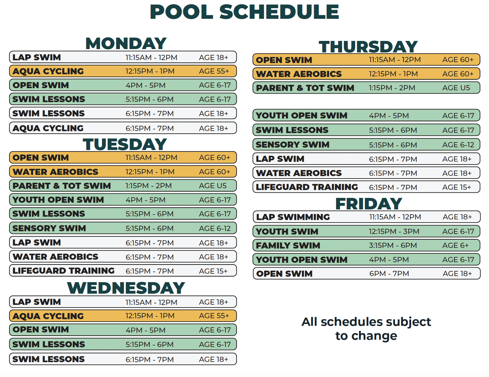 Williams Recreation Summer Pool Schedule