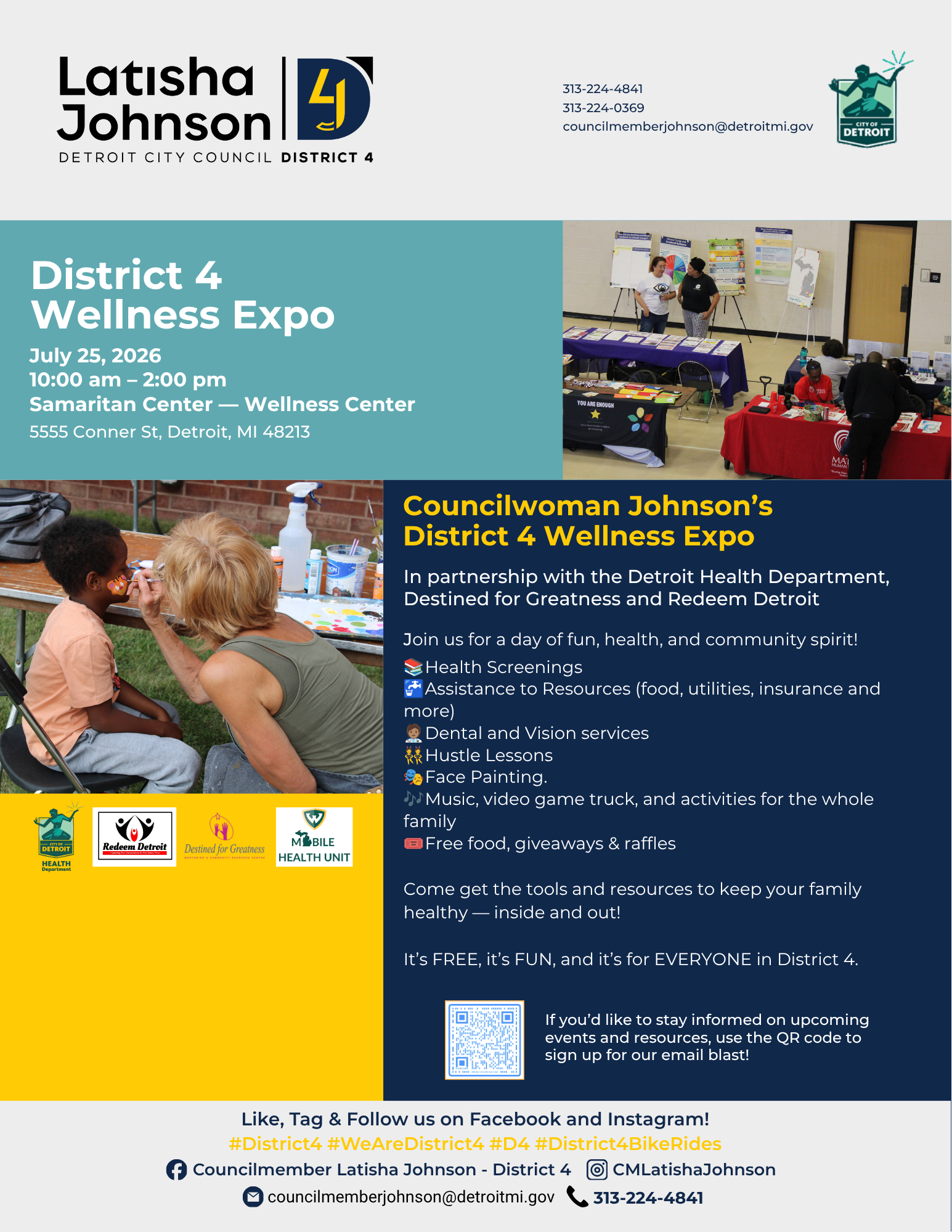 a colorful flier with a picture of a woman face painting and vendor tables serving customers
