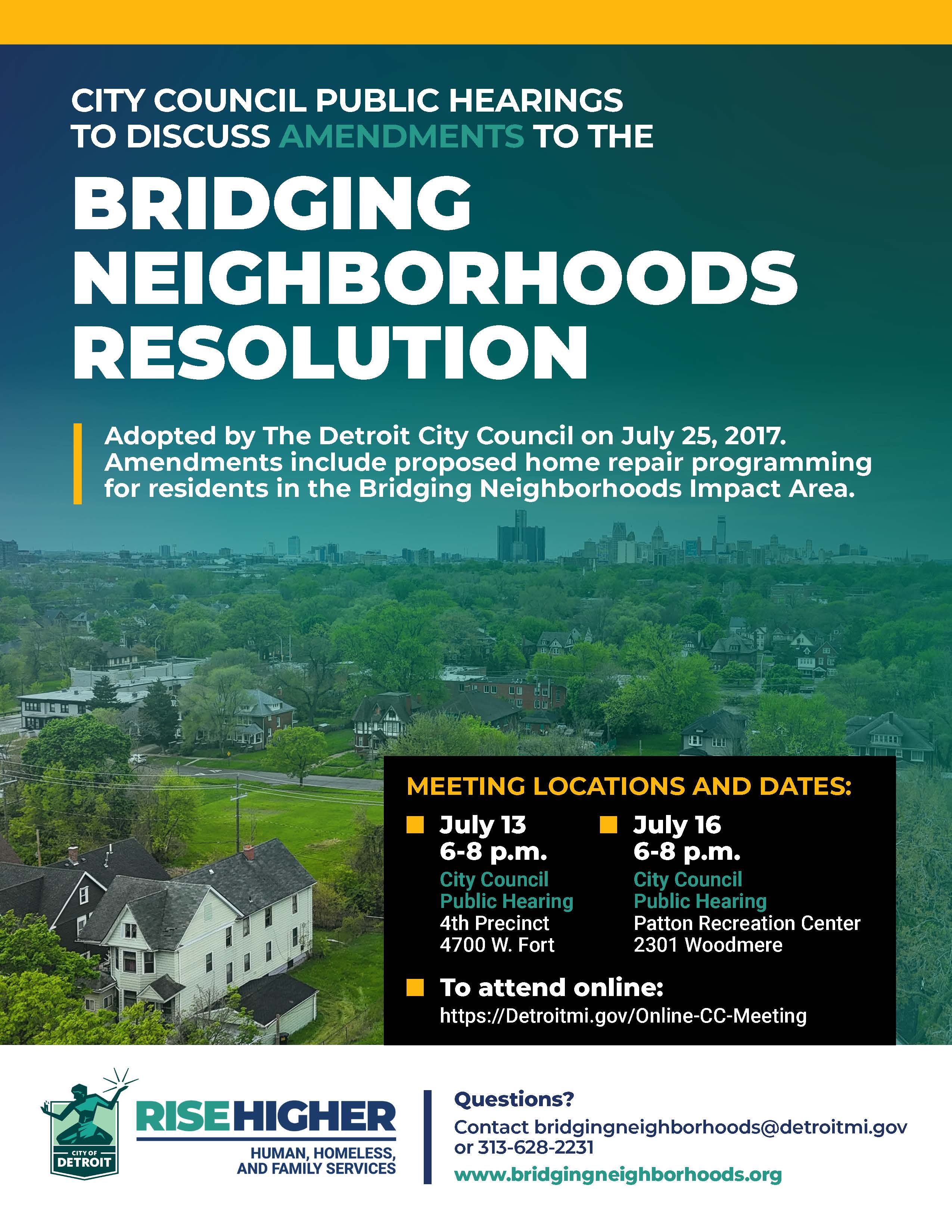 Flyer for Bridging Neighborhoods City Council Public Hearings