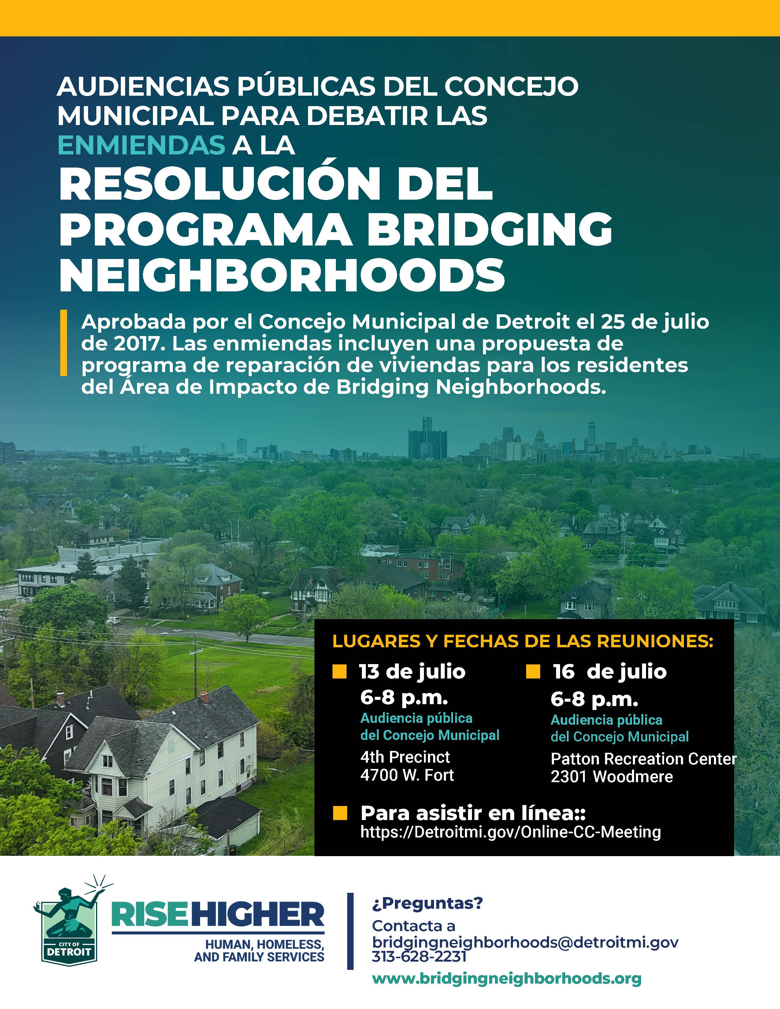 Flyer for Bridging Neighborhoods City Council Public Hearings in Spanish