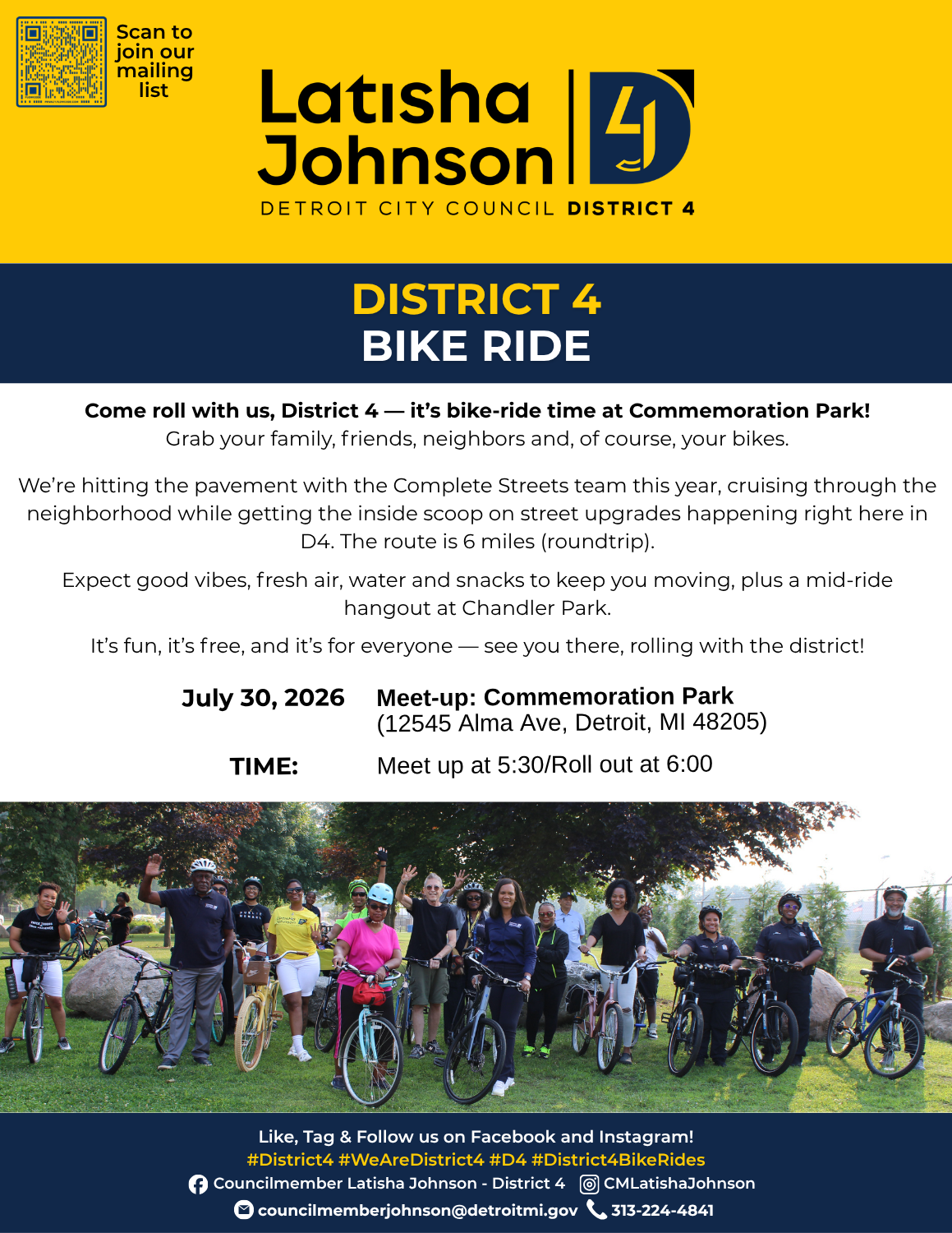 a group of people gathered with their bikes posing for a picture along with event info