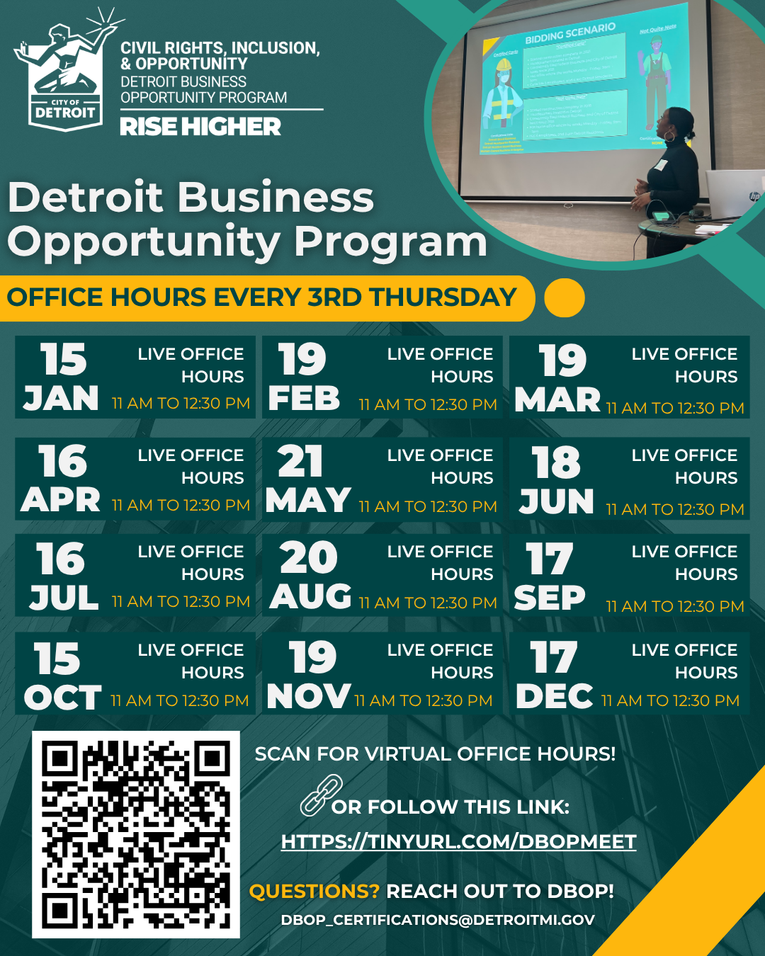 This flyer shows a list of dates for the year where the Detroit Business Opportunity Program will be holding live office hours. It is a dark blue background with yellow accents and a photo of a woman with black hair in the top right corner. 