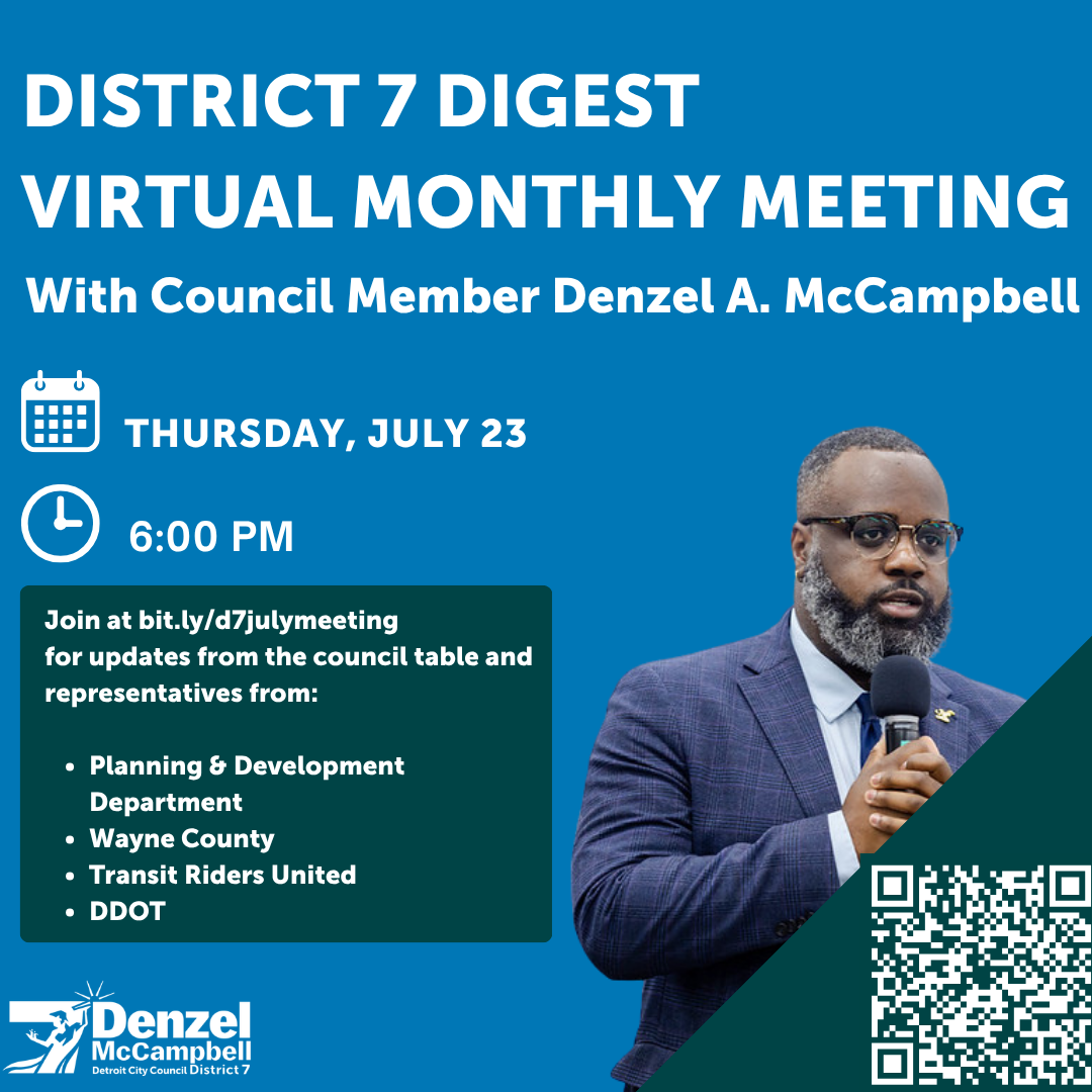 Honolulu blue flyer with white text describing monthly meeting details. Image of Council Member McCampbell holding a microphone is featured. 