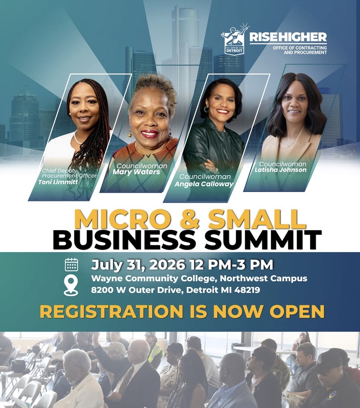 This flyer shows 4 women who will host the micro and small business coming up on July 31 from 12 to 3