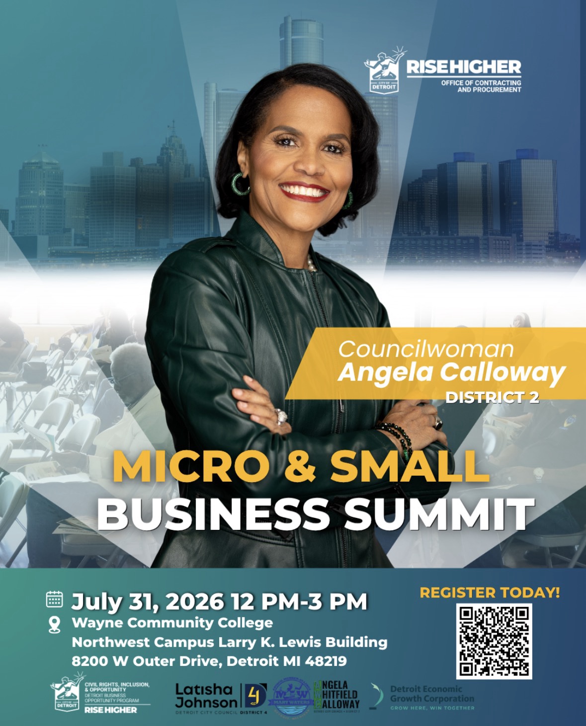 headshot of councilwoman calloway arms crossed in front of an audience with info for small business informational event