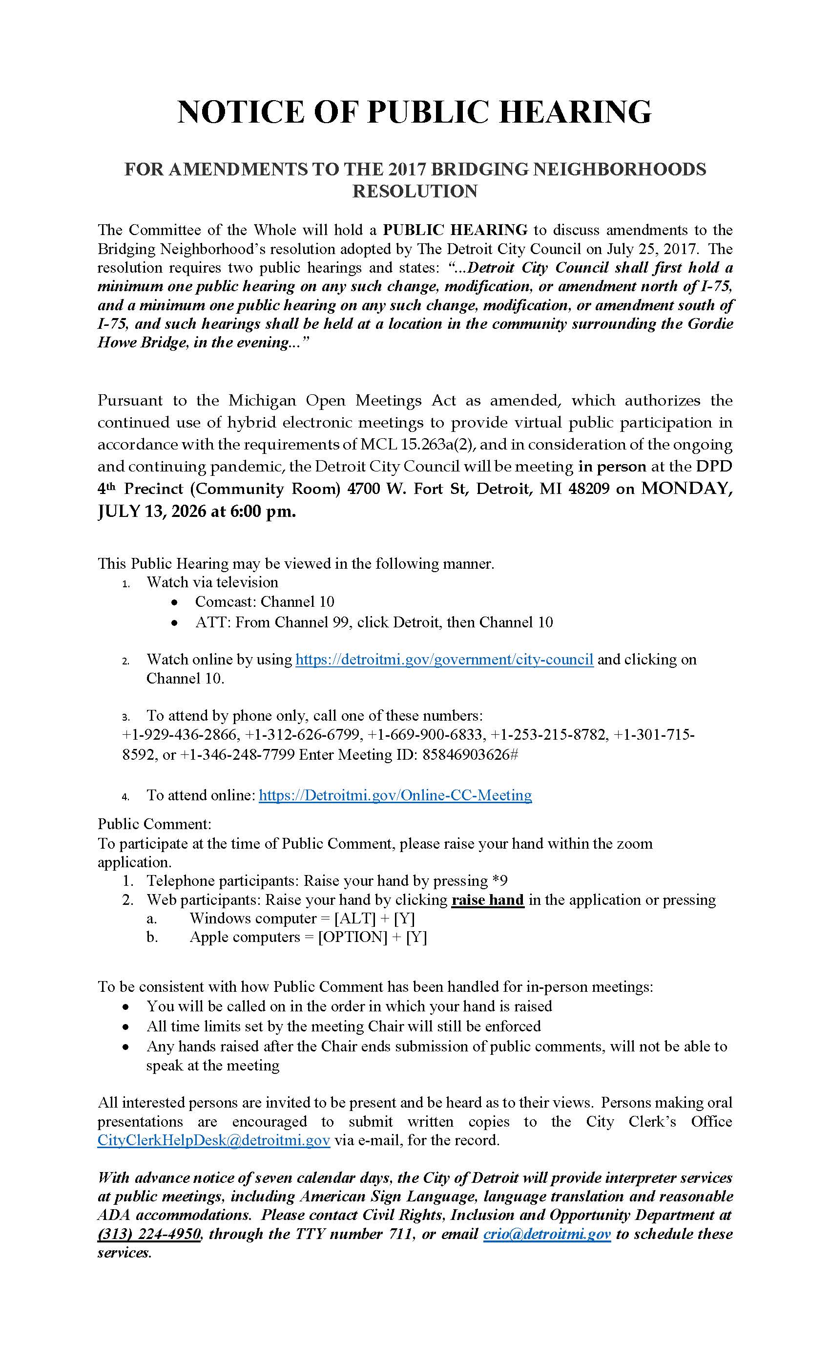 City Council Public Hearing Notice for July 13, 2026