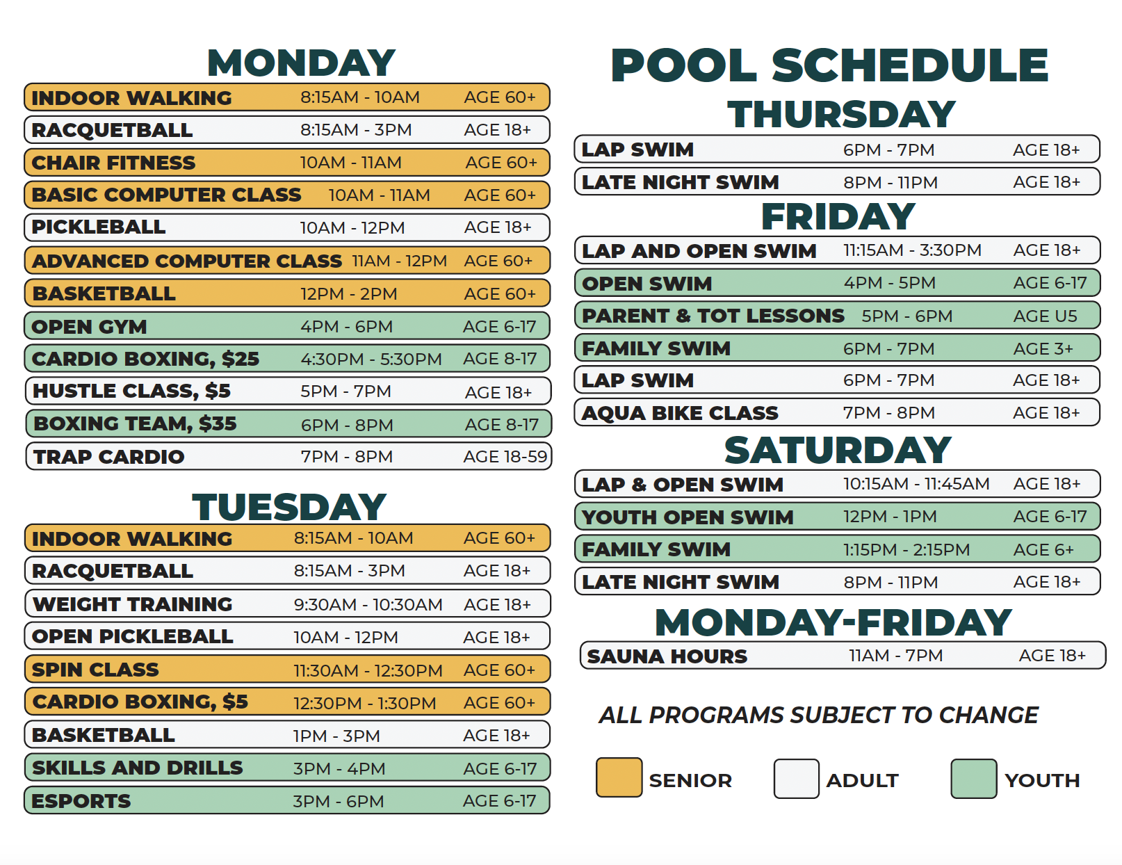 Coleman A. Young Recreation Center Summer 2026 Dryland and Pool Schedule(Monday - Tuesday; Thursday-Saturday))